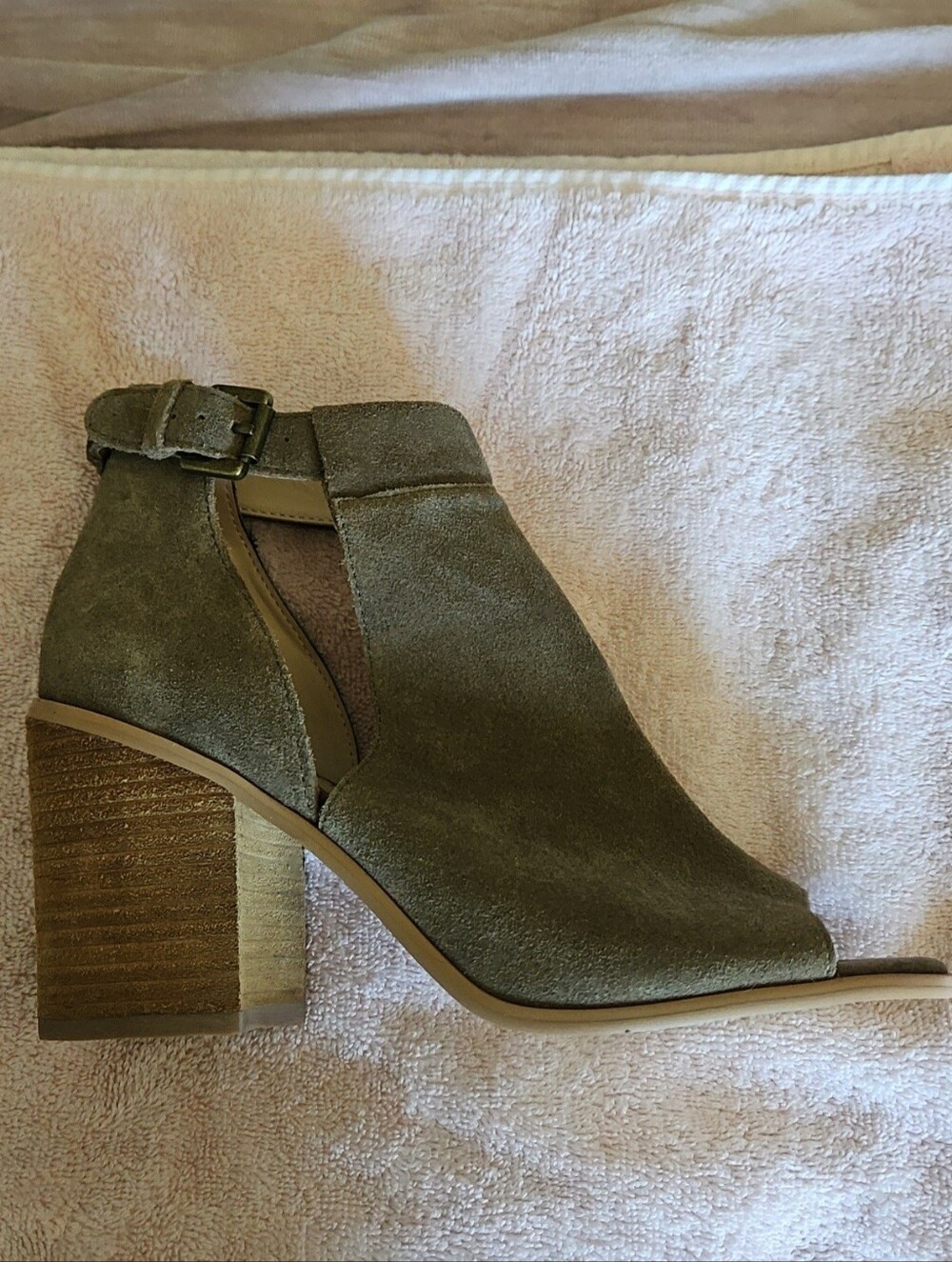 Sole Society Taupe Real Suede Open-Toe Block Heel Bootie, New, Size 7.5